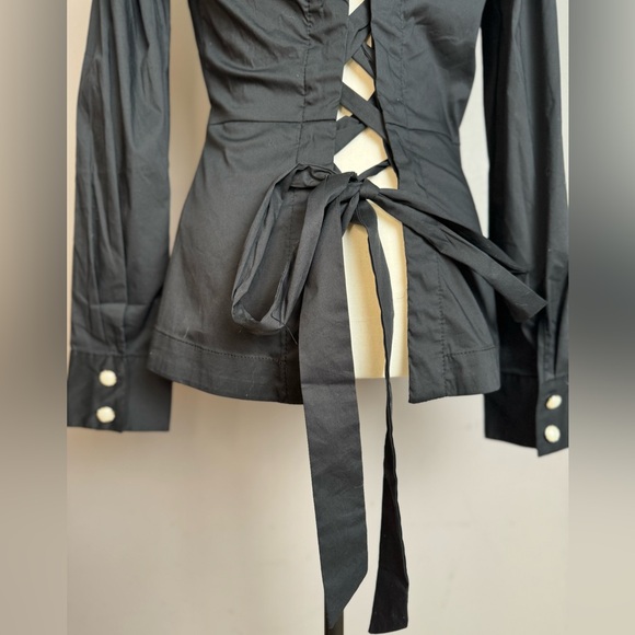 Venus black tie back pearl button down blouse - Picture 5 of 14